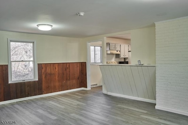 empty room featuring hardwood / wood-style flooring, brick wall, and wooden walls