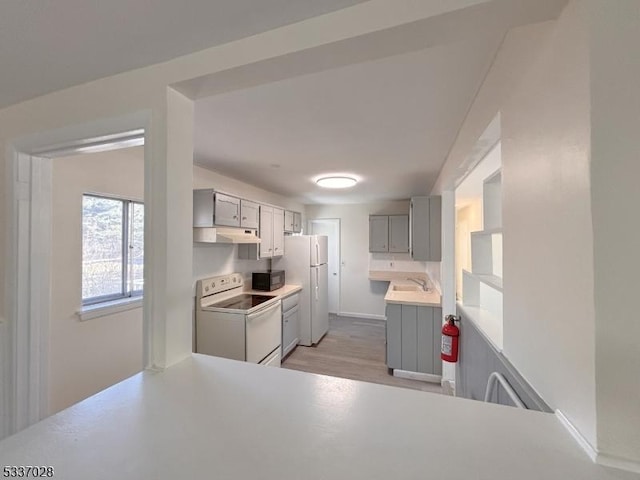 kitchen with gray cabinets, sink, white appliances, and light wood-type flooring