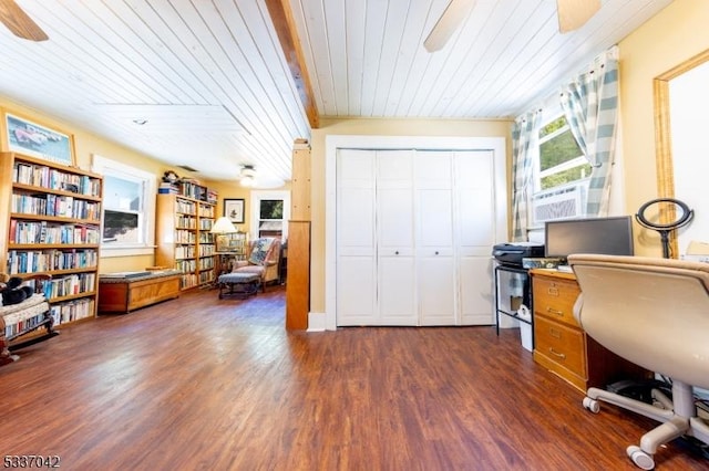 home office featuring wood ceiling, cooling unit, dark wood-type flooring, and a ceiling fan