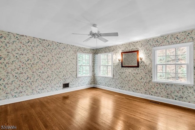 empty room featuring wood-type flooring and ceiling fan