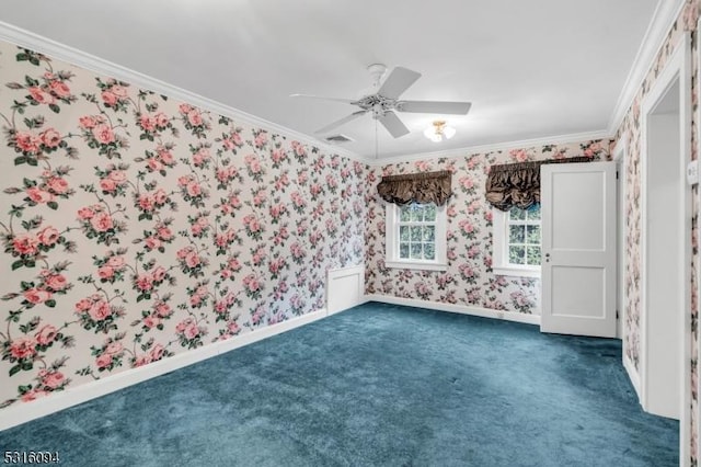 carpeted empty room featuring crown molding and ceiling fan