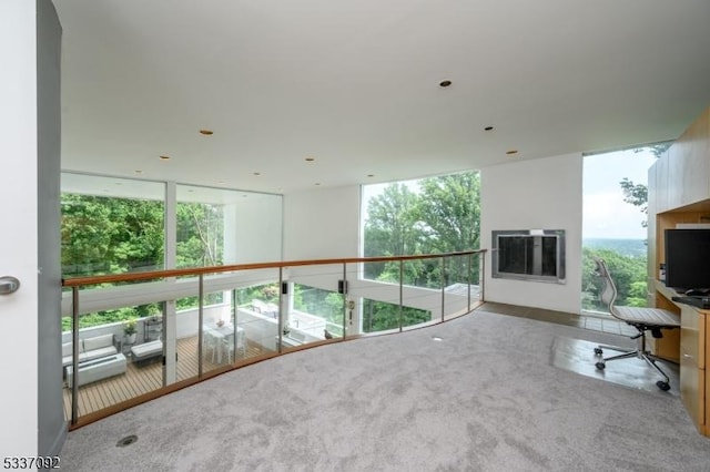 interior space with floor to ceiling windows and carpet flooring