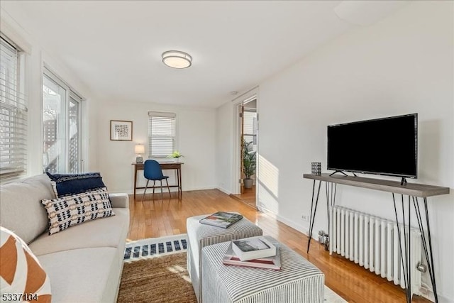 living room featuring radiator heating unit, baseboards, and wood finished floors