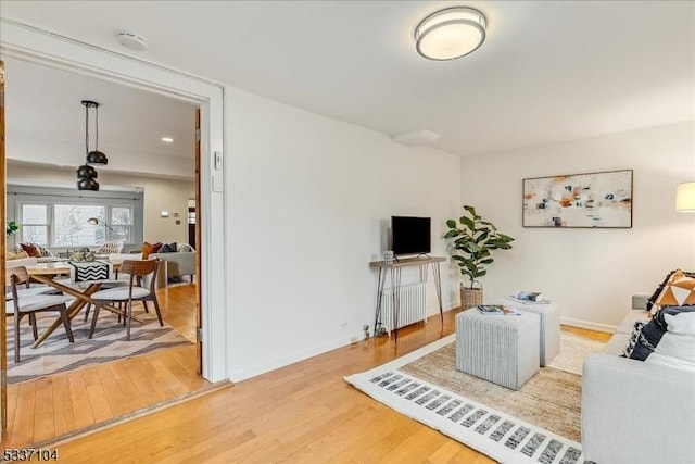 living area with baseboards and wood finished floors