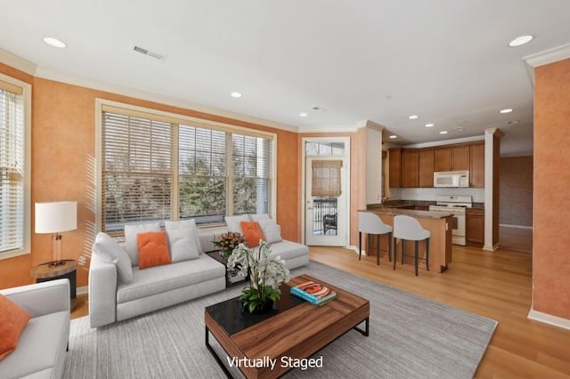 living room featuring crown molding, a healthy amount of sunlight, and light wood-type flooring