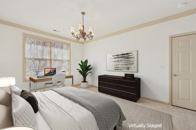 bedroom with ornamental molding, carpet, and a notable chandelier