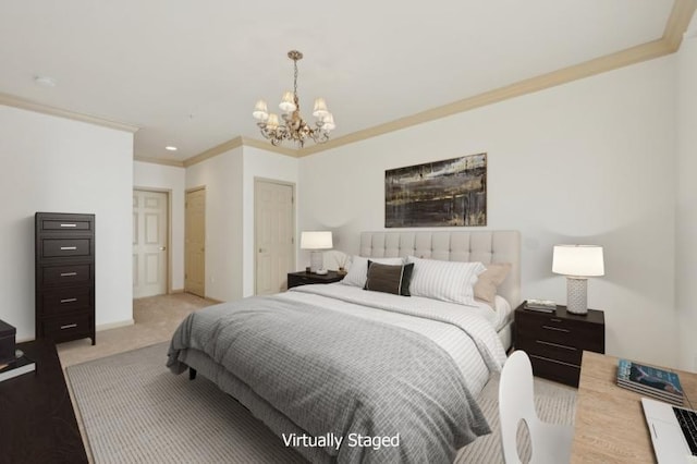 bedroom with a notable chandelier, crown molding, and light colored carpet