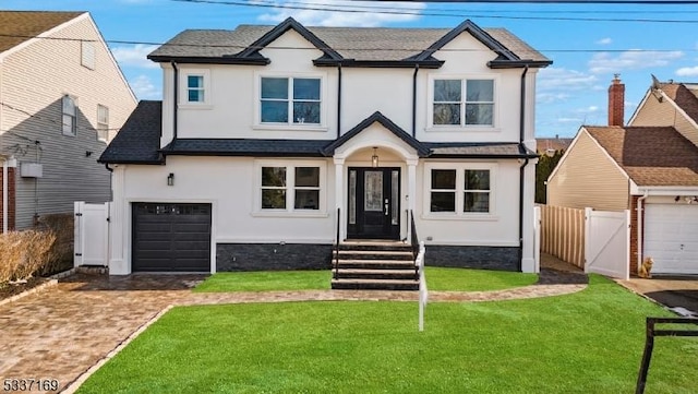 view of front of home with a garage and a front lawn