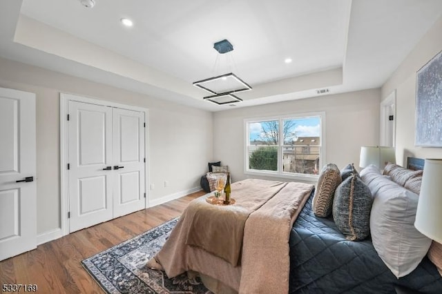 bedroom featuring a raised ceiling and wood-type flooring