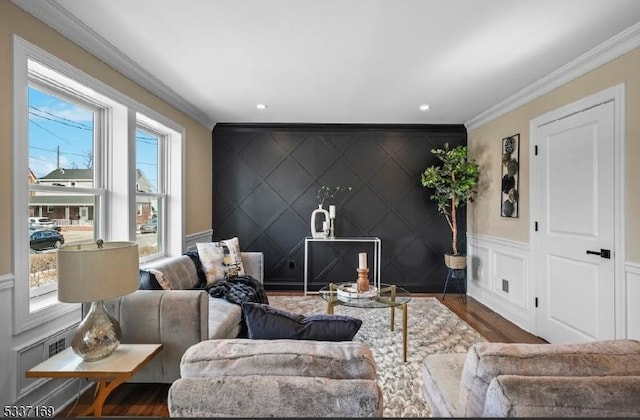 living room featuring ornamental molding and dark wood-type flooring