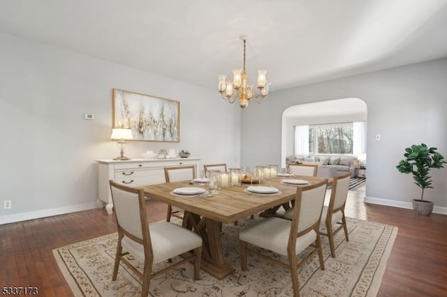 dining room with dark wood-type flooring and a notable chandelier