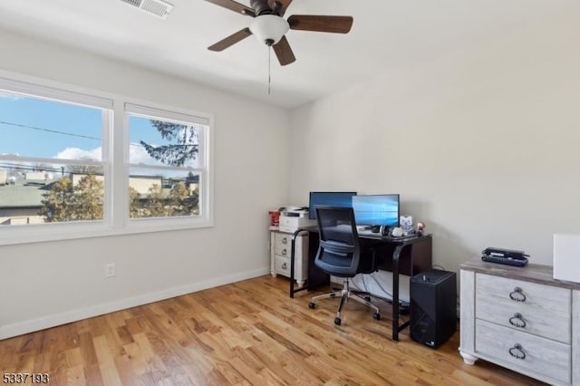 home office with ceiling fan and light hardwood / wood-style flooring