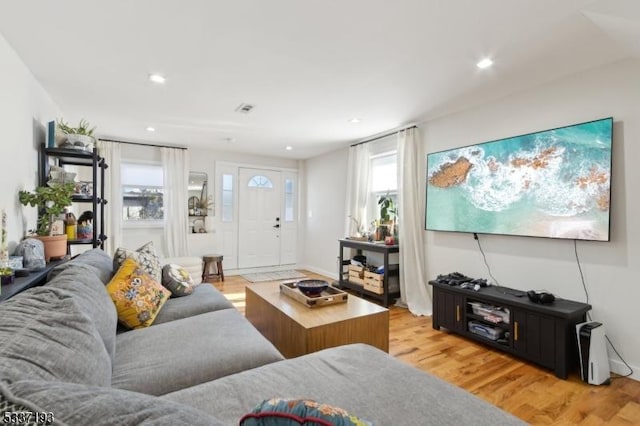 living room with a healthy amount of sunlight and light hardwood / wood-style flooring