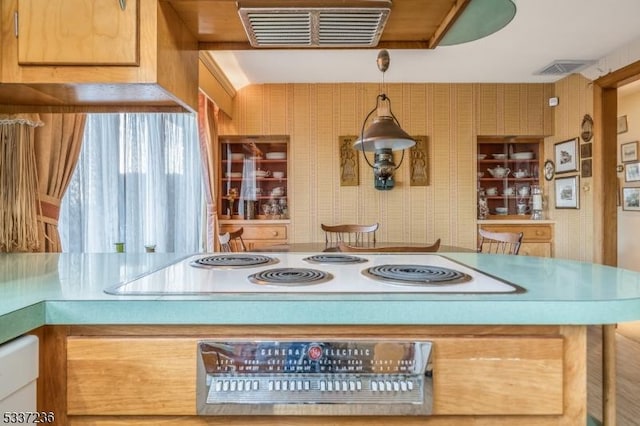 kitchen featuring hanging light fixtures and white appliances