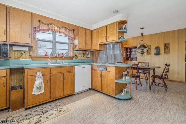 kitchen featuring light wood-type flooring, sink, and white dishwasher