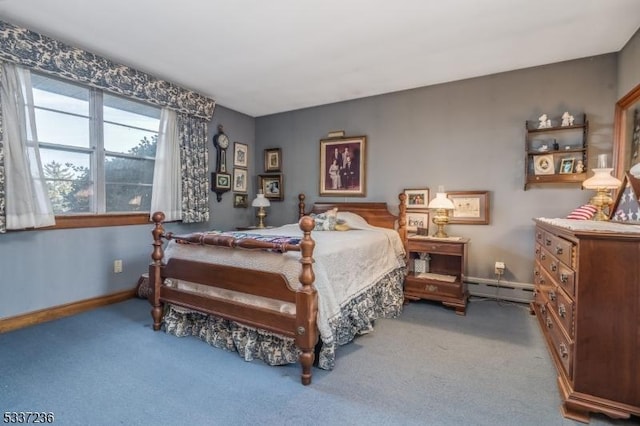 bedroom featuring a baseboard radiator and light colored carpet