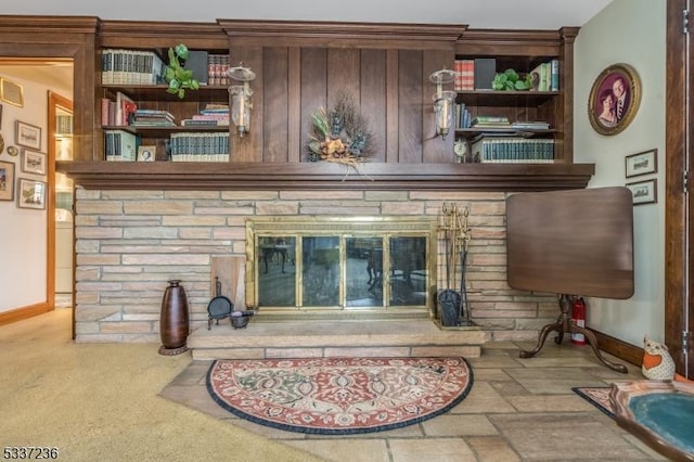 details with a fireplace and carpet flooring