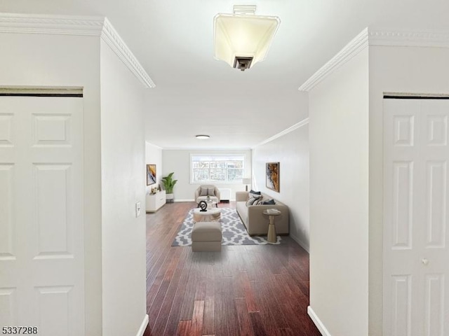 foyer featuring dark hardwood / wood-style flooring and crown molding