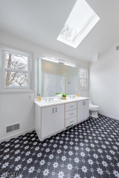 bathroom with toilet, vanity, and lofted ceiling with skylight