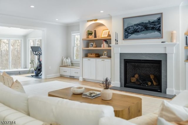 living room featuring ornamental molding and light hardwood / wood-style flooring