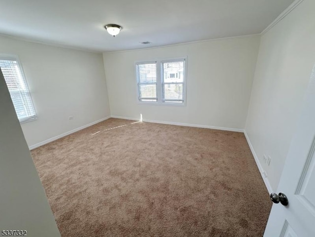 spare room featuring crown molding and light carpet