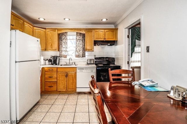 kitchen featuring sink, backsplash, white appliances, crown molding, and light tile patterned flooring