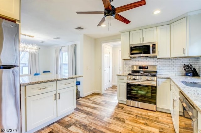 kitchen featuring white cabinetry, appliances with stainless steel finishes, decorative backsplash, and light wood-type flooring