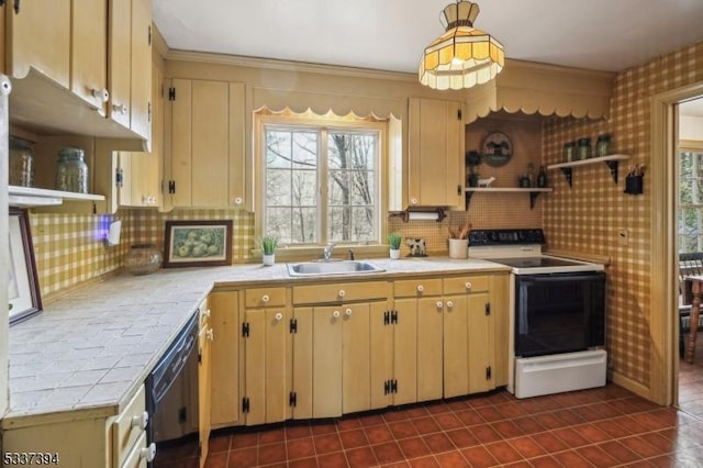 kitchen featuring electric range, dishwasher, tile countertops, open shelves, and a sink