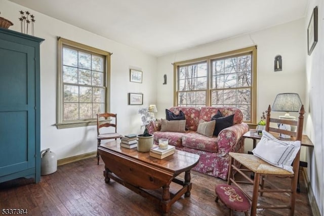 living area with baseboards and dark wood finished floors