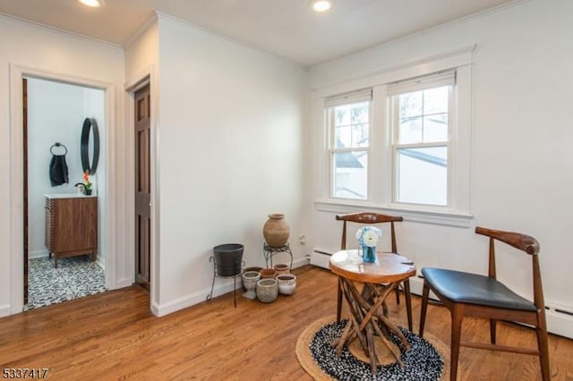 living area featuring a baseboard radiator, ornamental molding, and hardwood / wood-style flooring