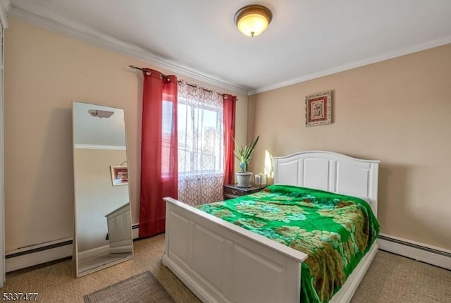 carpeted bedroom featuring a baseboard heating unit and crown molding