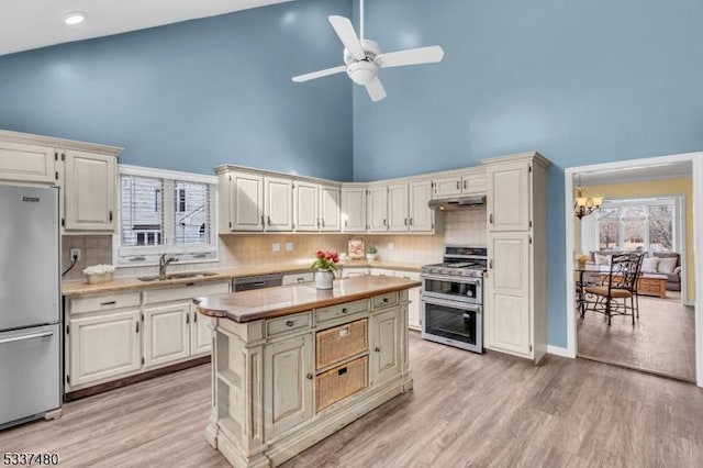 kitchen with under cabinet range hood, stainless steel appliances, a sink, light countertops, and a center island