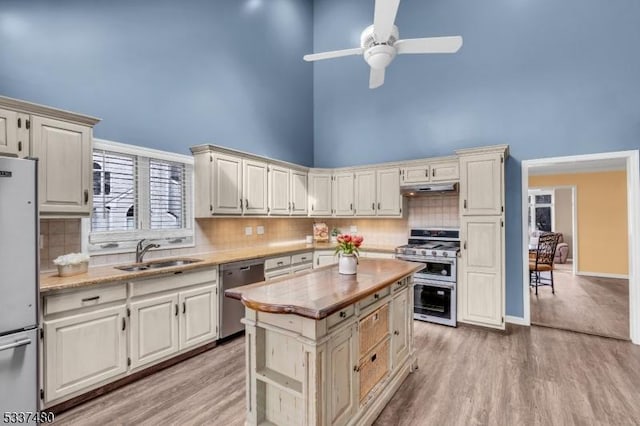 kitchen with light wood finished floors, stainless steel appliances, a towering ceiling, a sink, and under cabinet range hood