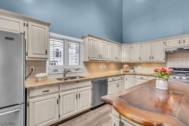 kitchen featuring stainless steel appliances, light countertops, white cabinetry, a sink, and under cabinet range hood