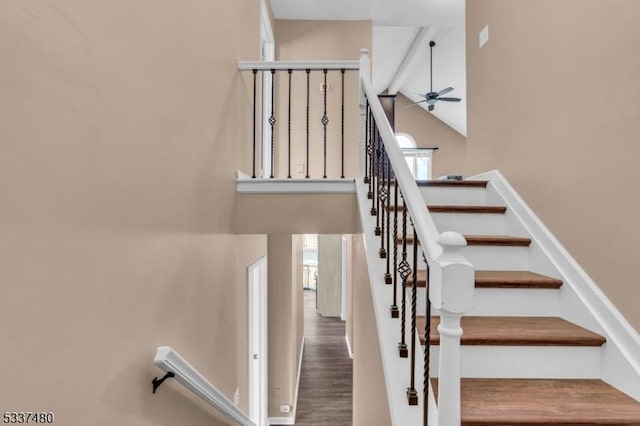 stairs with high vaulted ceiling, a ceiling fan, and wood finished floors