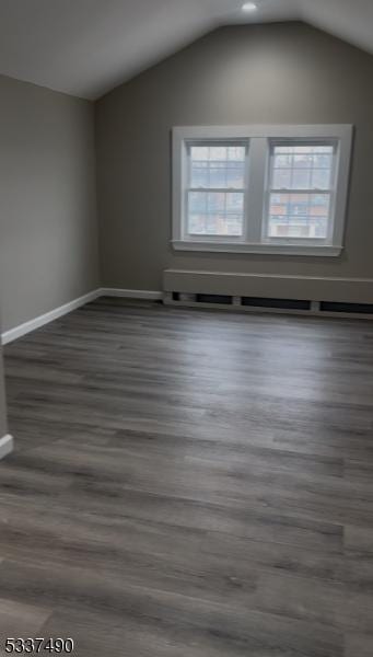 unfurnished room featuring lofted ceiling, dark wood-style flooring, plenty of natural light, and baseboards