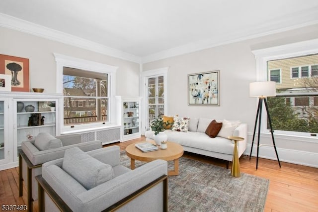 living room featuring hardwood / wood-style flooring and crown molding