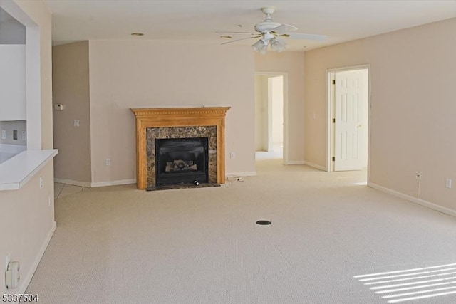 204 Cleveland Ln, Rockaway Twp, NJ 07866 - unfurnished living room with ceiling fan, a fireplace, and light carpet