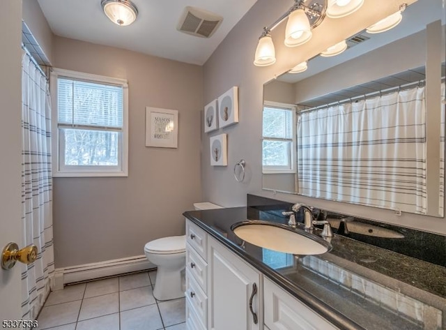 bathroom with toilet, a baseboard radiator, vanity, curtained shower, and tile patterned flooring