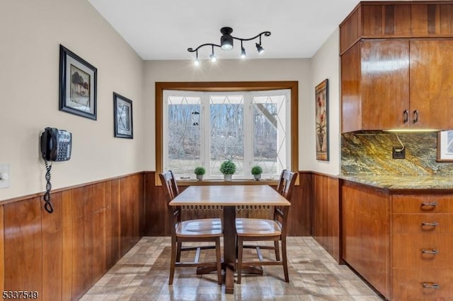 dining room featuring a wainscoted wall and wooden walls