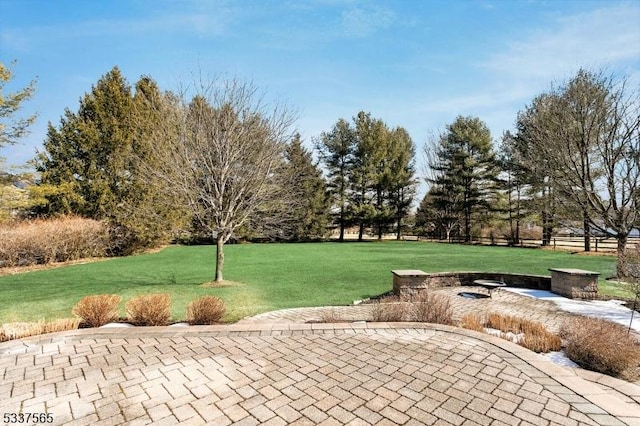 view of property's community featuring a patio area, a fire pit, and a lawn