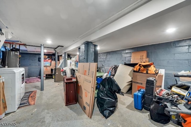 basement featuring washer / clothes dryer and gas water heater