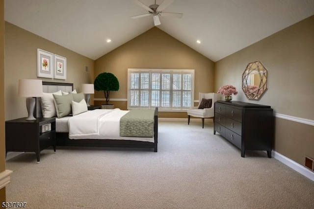 bedroom with ceiling fan, recessed lighting, light carpet, baseboards, and vaulted ceiling