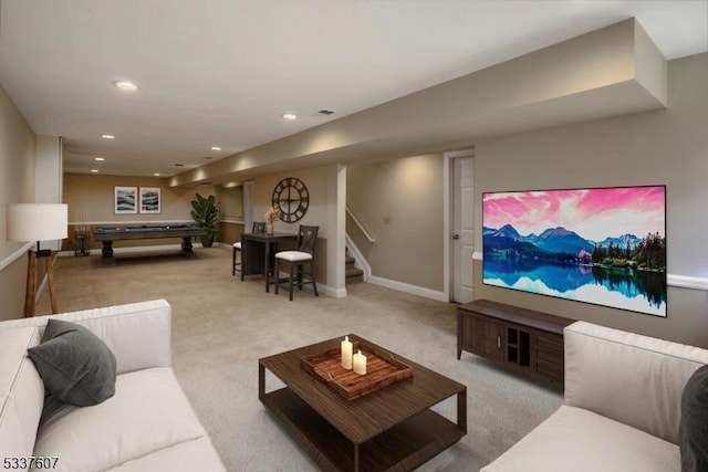 carpeted living room with recessed lighting, billiards, stairway, and baseboards