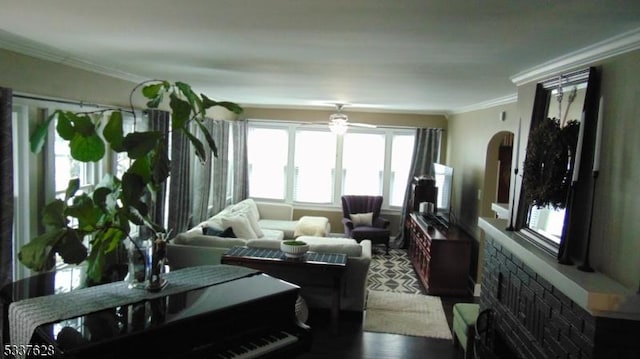 living area with crown molding