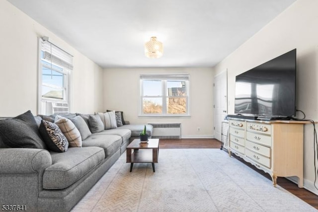 living room with radiator, cooling unit, and light hardwood / wood-style floors