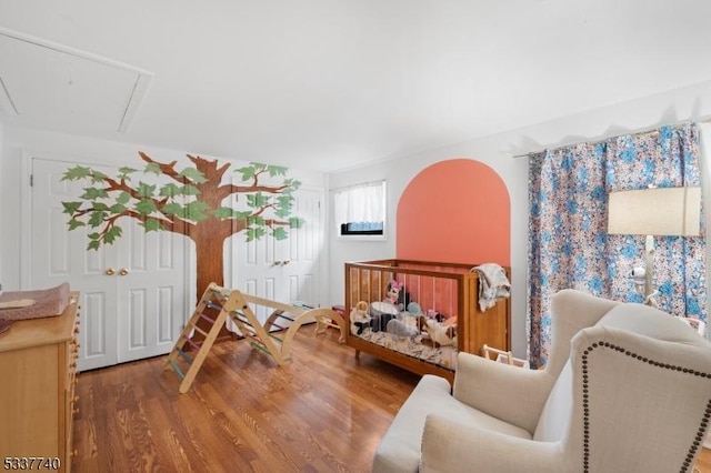 interior space featuring attic access and wood finished floors