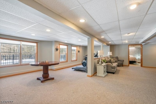 interior space featuring a paneled ceiling, carpet flooring, and baseboards