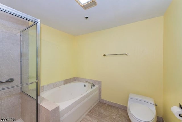 bathroom with shower with separate bathtub, tile patterned floors, and toilet