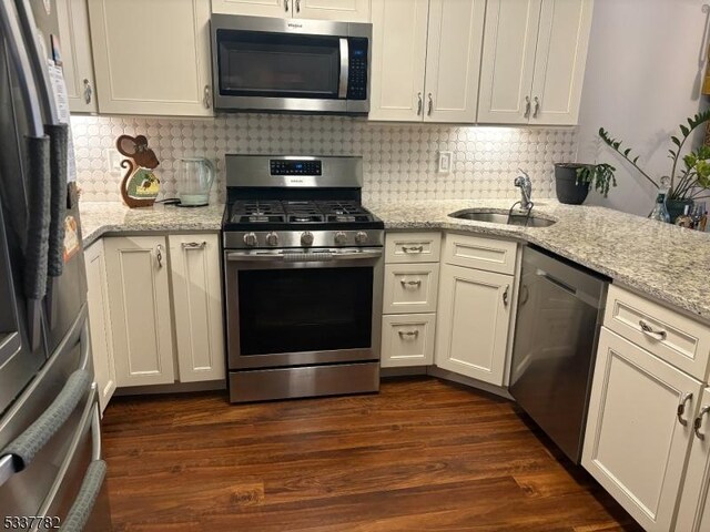 kitchen featuring light stone counters, stainless steel appliances, dark wood-type flooring, and sink